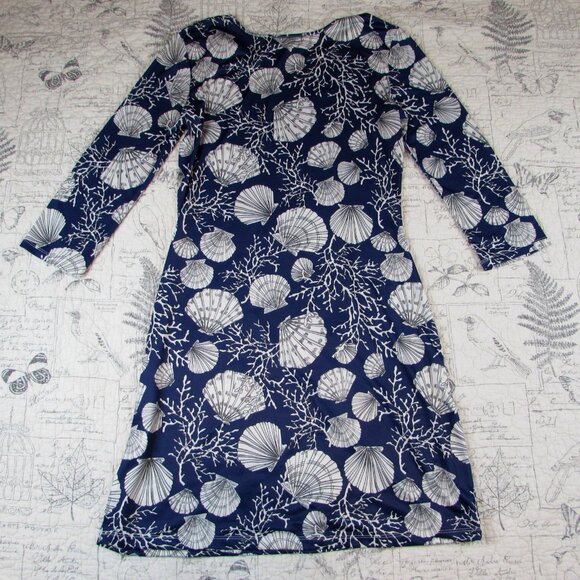 EUC $166 JEAN-PIERRE KLIFA Paris Smooth Stretch Blue shell Print midi Dress Sz S - Picture 1 of 9